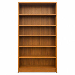 Teak Danish mid-century wide bookcase with tall open shelving and warm wood grain - Whats New Furniture Portland OR