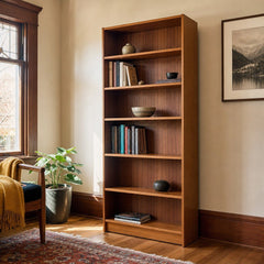Teak Danish mid-century wide bookcase with tall open shelving and warm wood grain - Whats New Furniture Portland OR (2)
