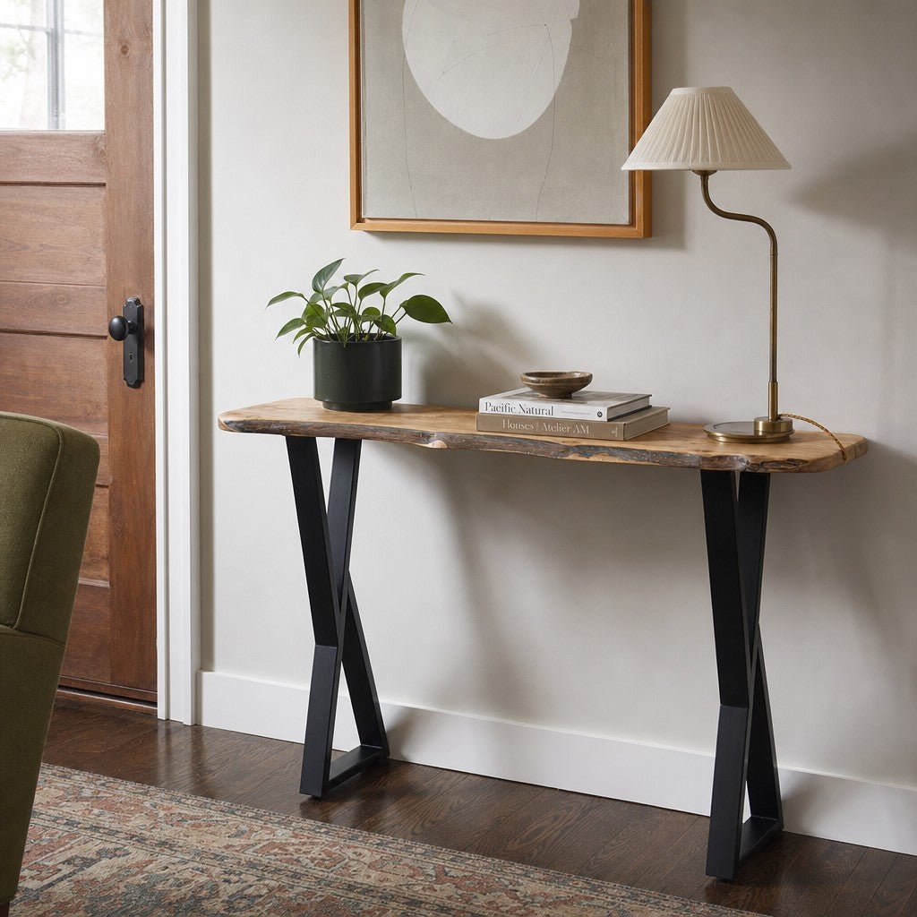 Walnut English walnut console table with a slim 41-inch top and tall legs. - detail view 1