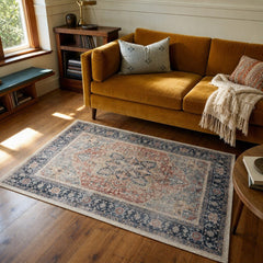 Terracotta and navy accent rug with a geometric woven pattern - view 2