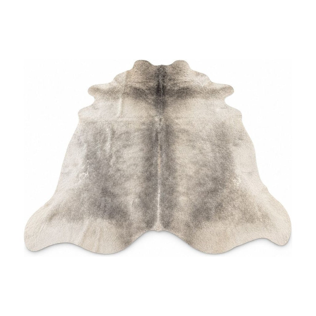 Gray Beige cow hide area rug with irregular natural hide markings.