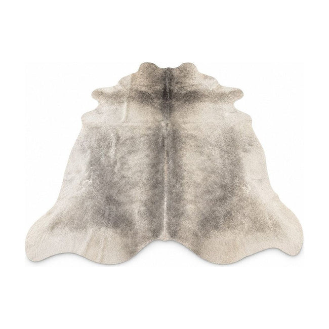 Gray Beige cow hide area rug with irregular natural hide markings.