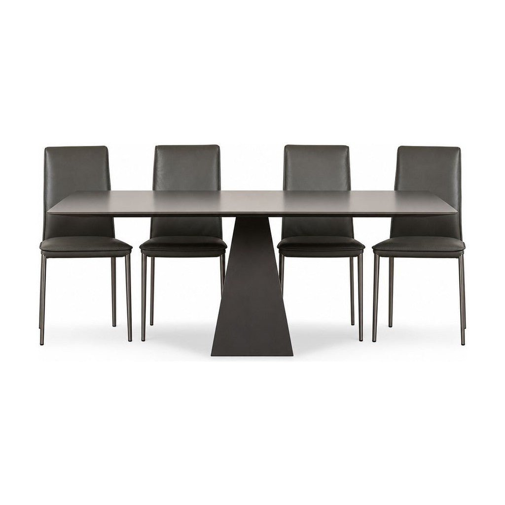 Gray Gunnar dining table with a long tempered glass top and mid-century frame.