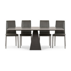 Gray Gunnar dining table with a long tempered glass top and mid-century frame.