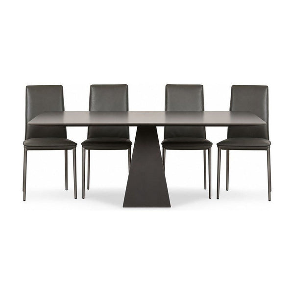 Gray Gunnar dining table with a long tempered glass top and mid-century frame.