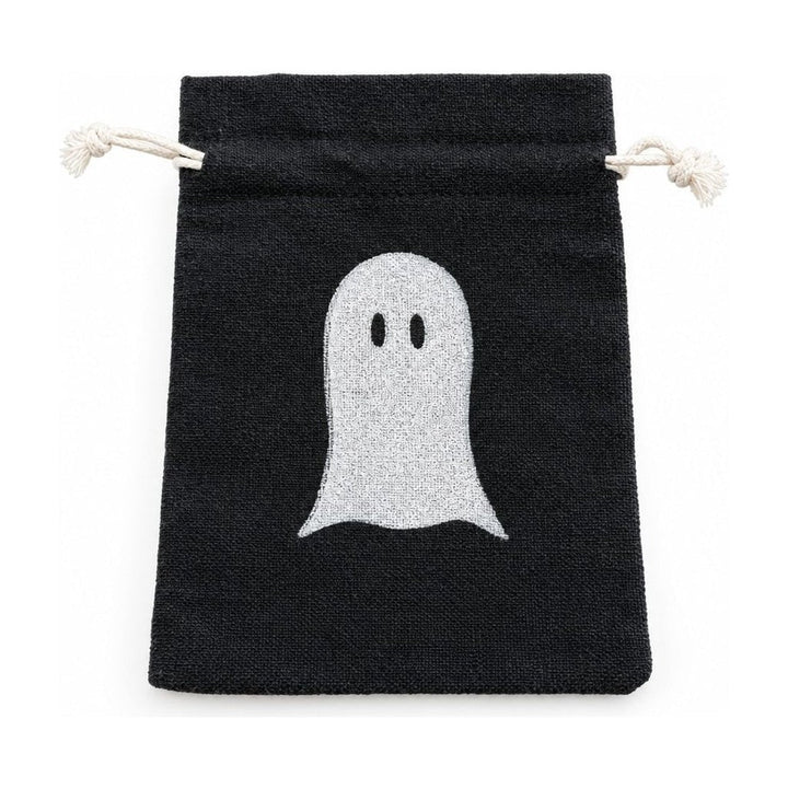 Black Halloween bag with a ghost motif and a slim flat profile.