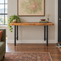 Redwood console table with a long handcrafted wood top and simple profile. - detail view 1
