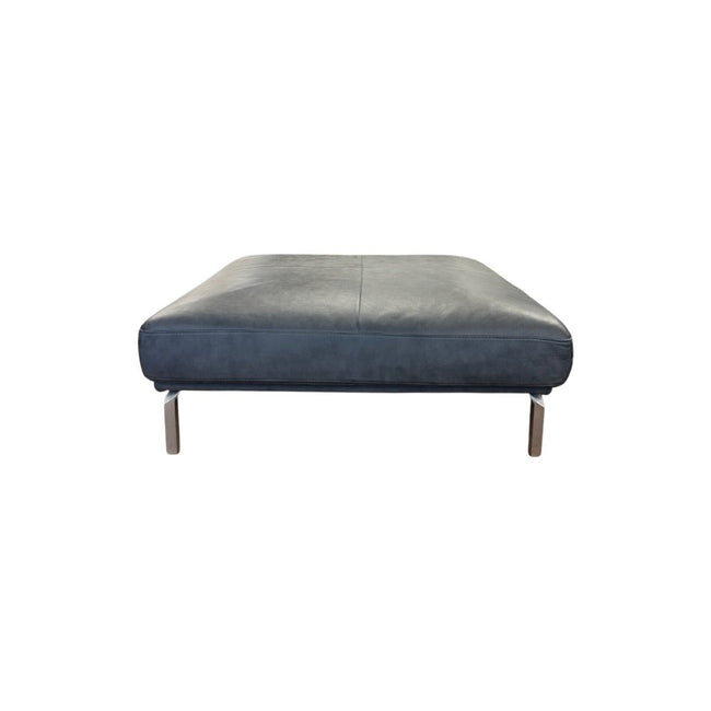 Slate gray square leather ottoman with a low profile, made in Italy - Whats New Furniture Portland OR