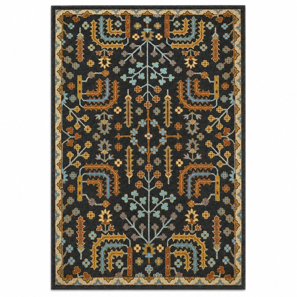 Charcoal gray rectangular area rug with a low-pile neutral weave