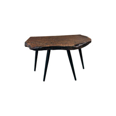 Dark walnut live edge accent table with a clear epoxy river fill on the top