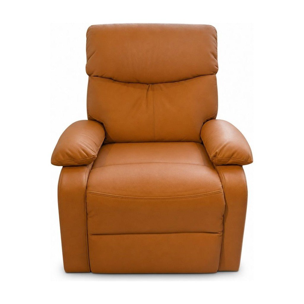 Cognac leather recliner with compact arms and a manual recline mechanism.