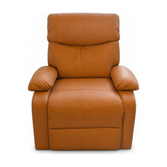 Cognac leather recliner with compact arms and a manual recline mechanism.