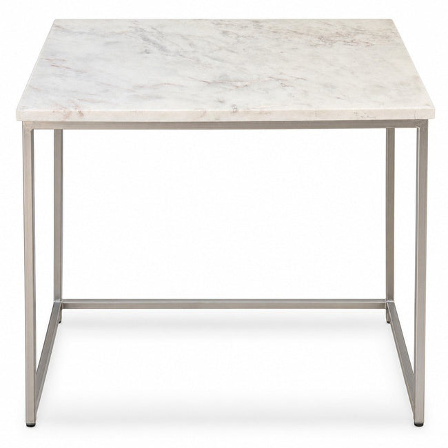 White marble pedestal end table with a sculptural base and veined stone top - Whats New Furniture Portland OR