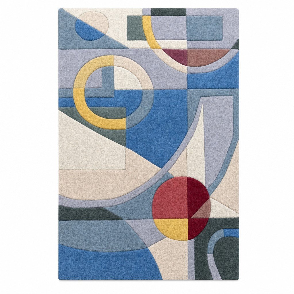 Blue mid-century low-pile accent rug in a small rectangular size - Whats New Furniture Portland OR