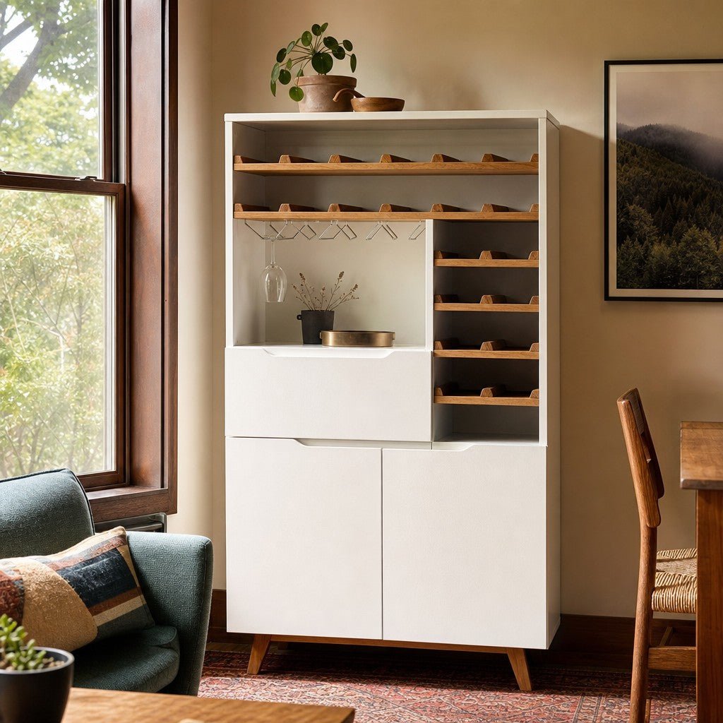 White mid-century Article bar cabinet with a tall slim silhouette and paneled doors. - detail view 1