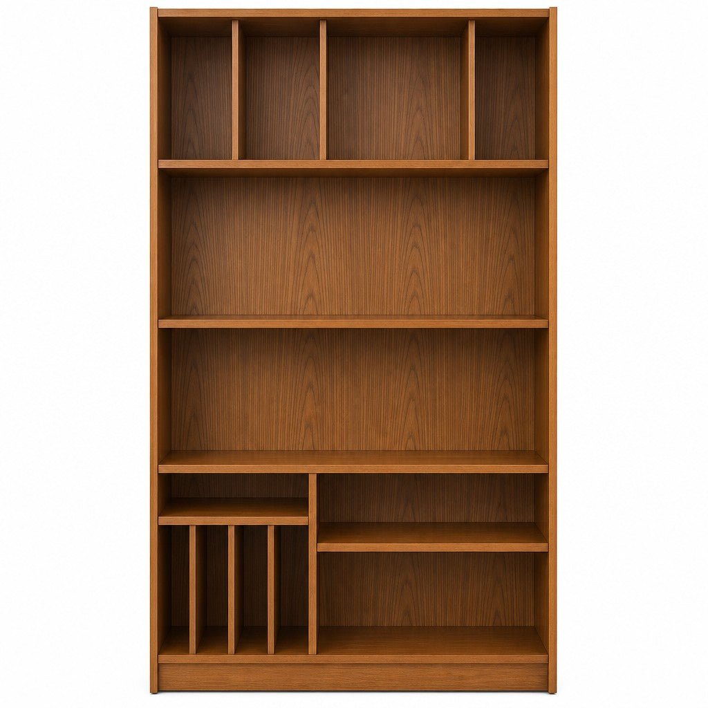Teak mid-century bookcase with tall open shelving and clean vertical lines