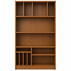 Teak mid-century bookcase with tall open shelving and clean vertical lines