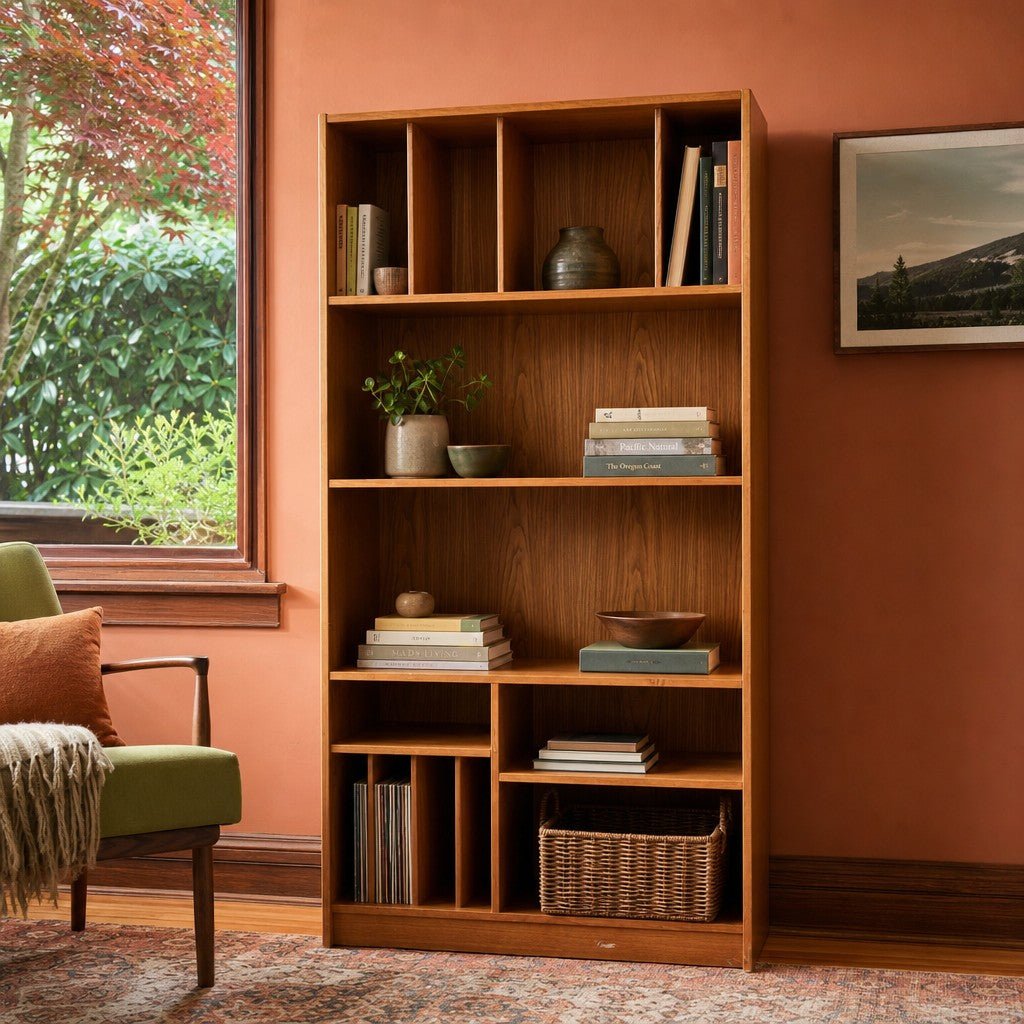 Teak mid-century bookcase with tall open shelving and clean vertical lines - view 2