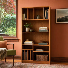 Teak mid-century bookcase with tall open shelving and clean vertical lines - view 2