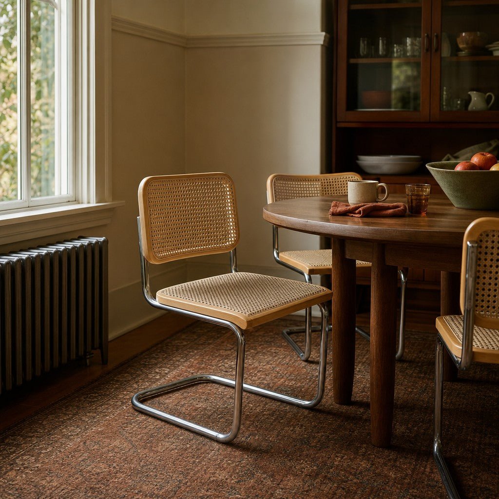 Natural cane and chrome dining chair with a woven cane back and slim polished frame - view 2