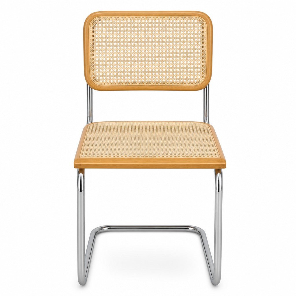 Natural cane and chrome dining chair with a woven cane back and slim polished frame