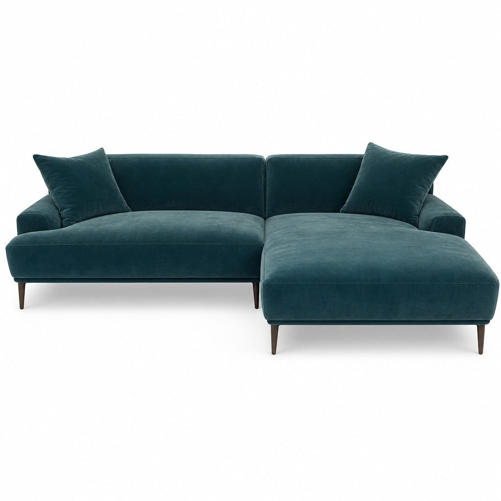 Teal mid-century chaise longue with a low-slung sculptural frame