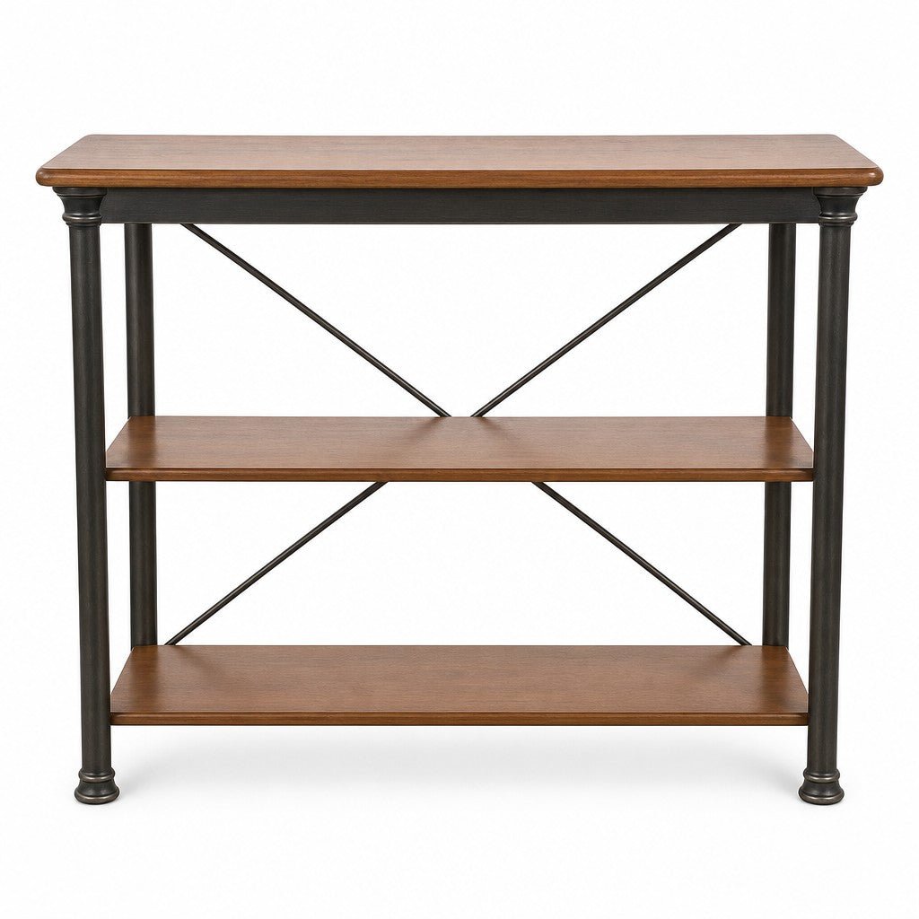 Medium brown mid-century bookcase in solid wood with clean horizontal shelves