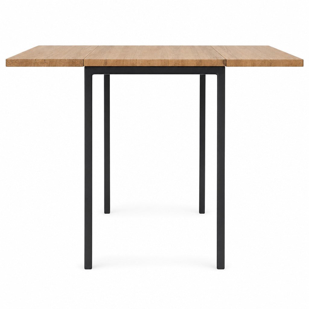 Natural wood and black mid-century dining table with drop leaves