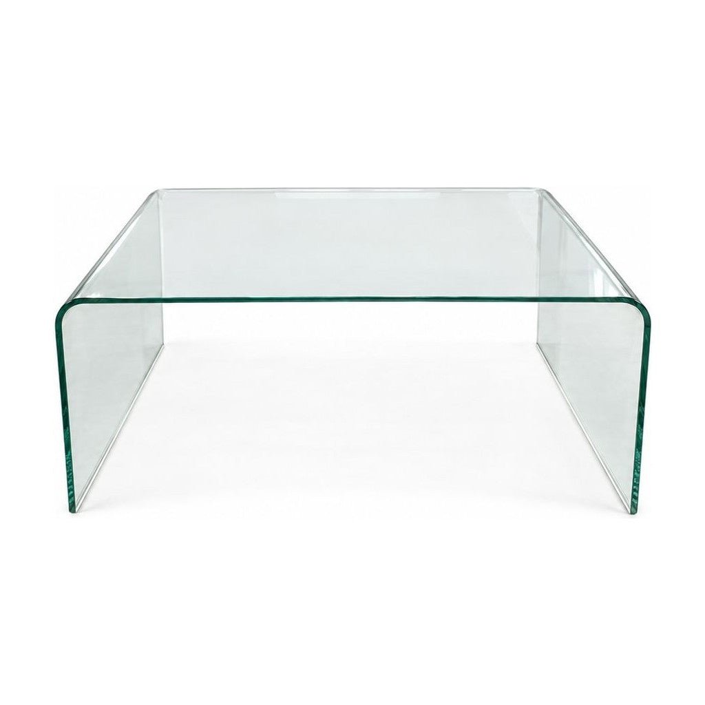 Clear glass coffee table with a low, nearly square top.