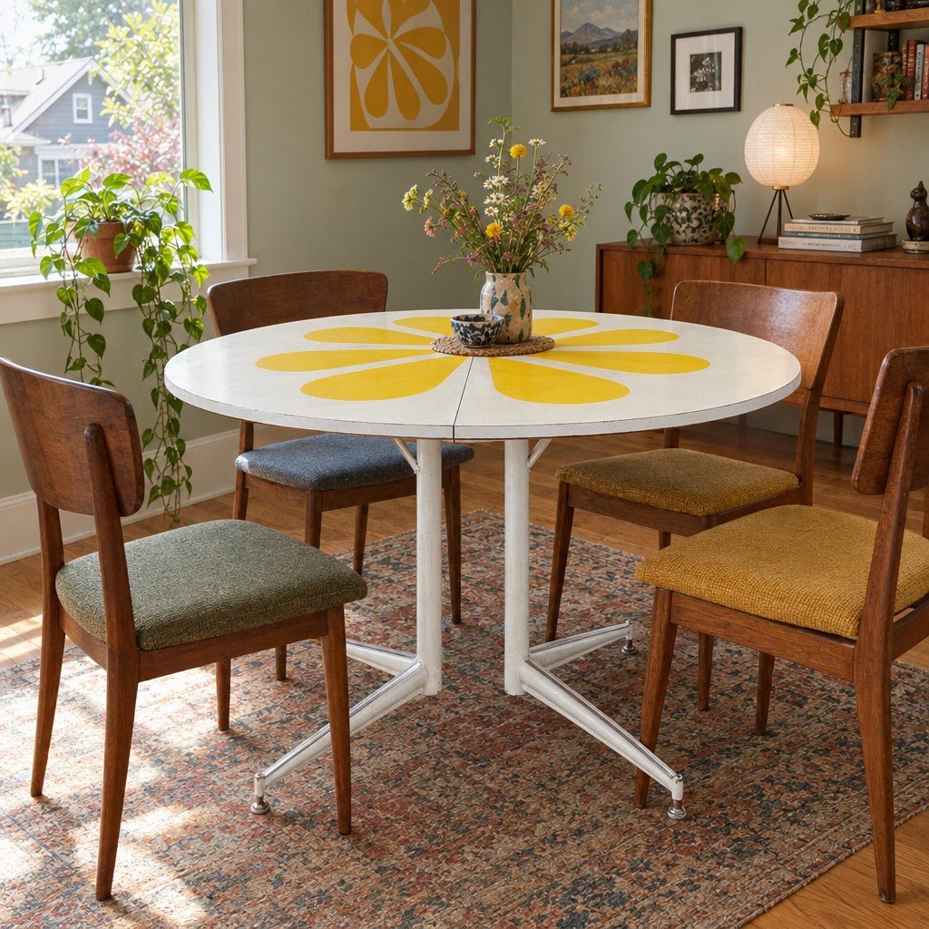 White / Yellow mid-century dining table with a two-tone laminate top and tapered legs. - detail view 1