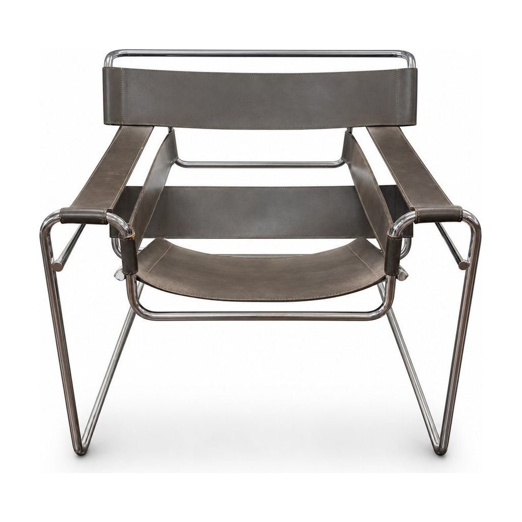 Mocha leather mid-century armchair with worn hide and compact club silhouette