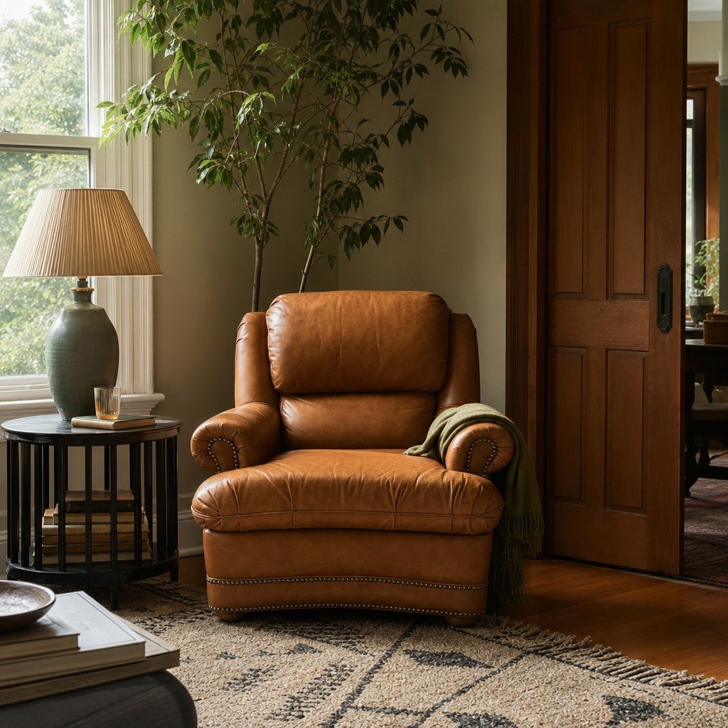 Cognac brown leather mid-century lounge armchair with a solid wood frame and low-slung lines - view 2