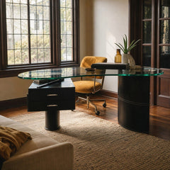 Black leather-topped mid-century executive desk with wood frame and glass accent - view 2