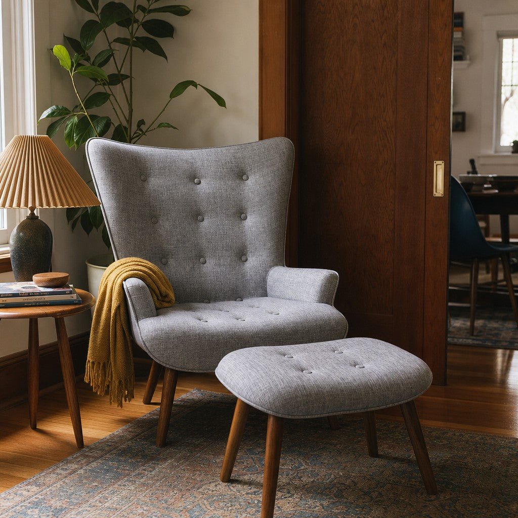 Grey mid-century lounge chair with matching ottoman and low-slung frame - view 2