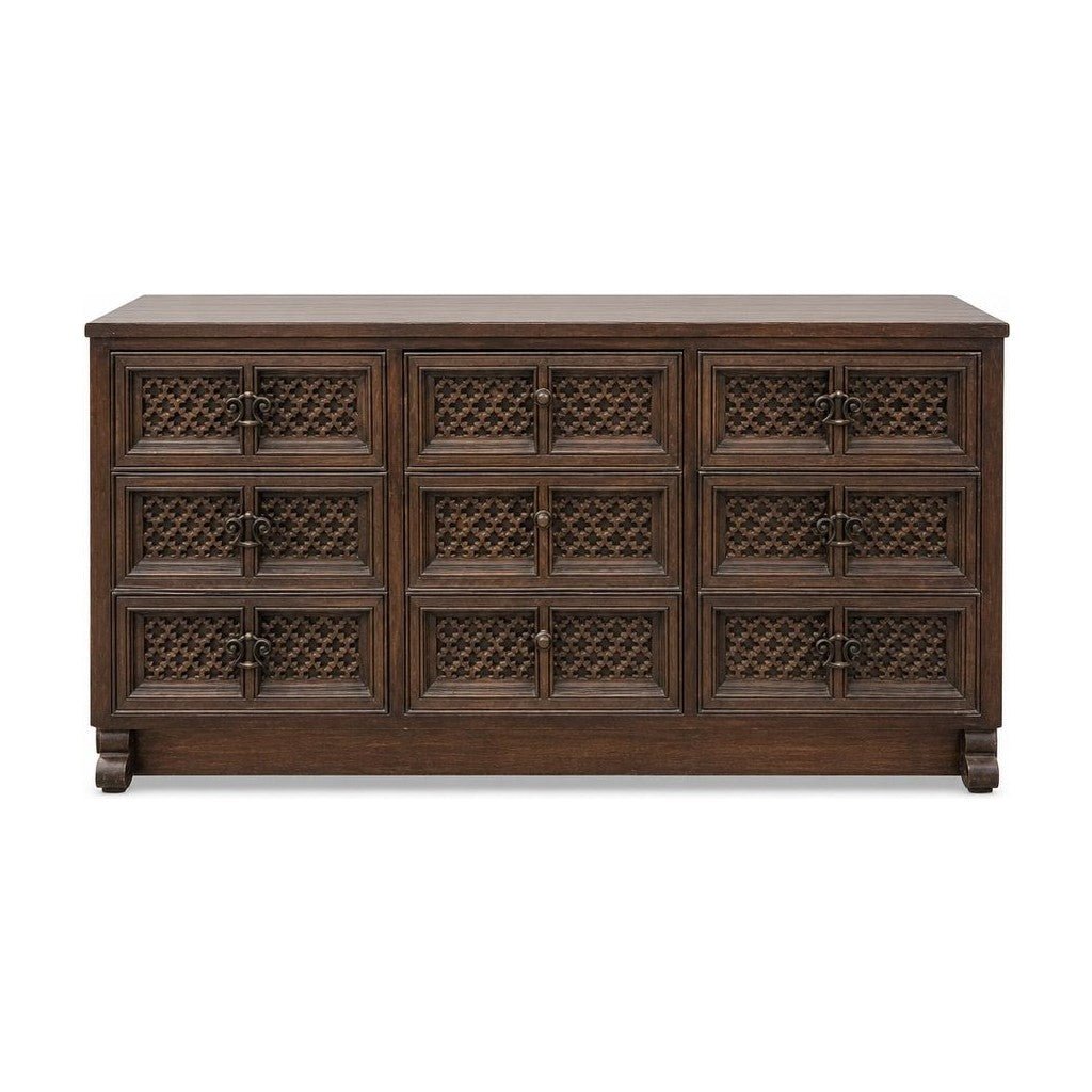 Dark brown mid-century wood dresser with a long low case and visible marks along the side.