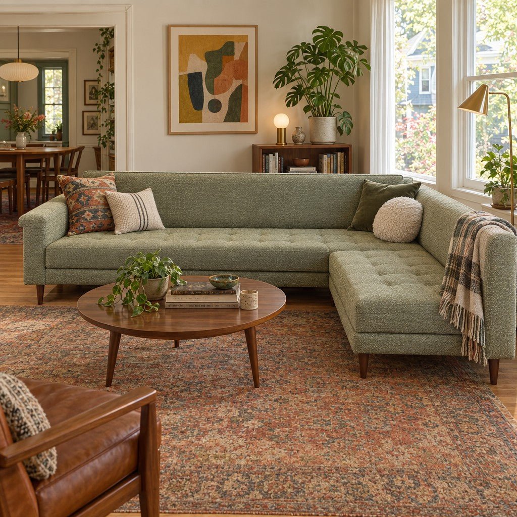 Pale green modular sofa with a detachable chaise section - detail view 1