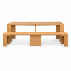 Natural oak mid-century dining table with clean horizontal lines and a long rectangular top