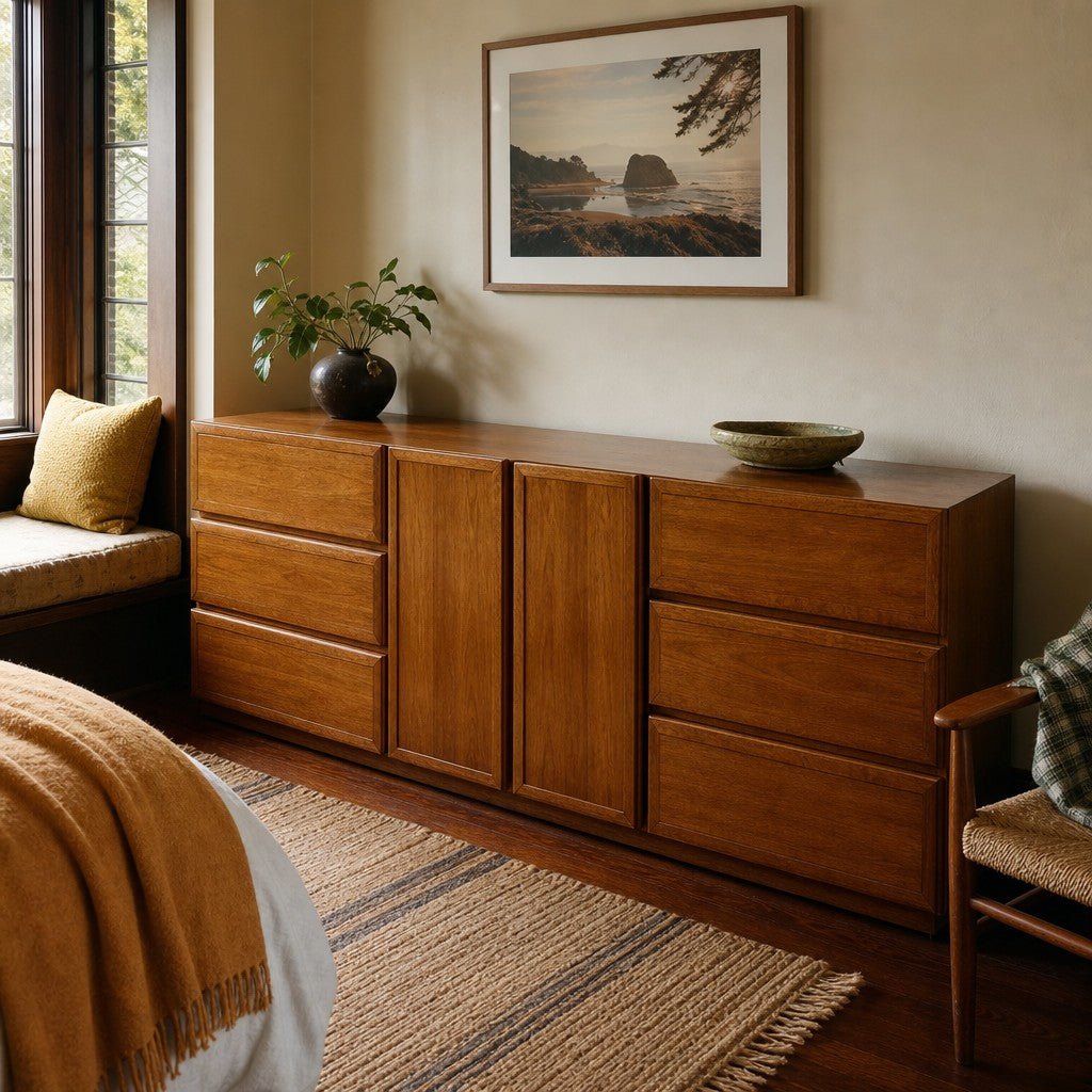 Medium oak mid-century long dresser with clean horizontal lines and natural wood grain - view 2