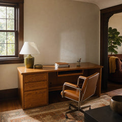 Medium oak mid-century writing desk with clean lines and a slim profile - view 2