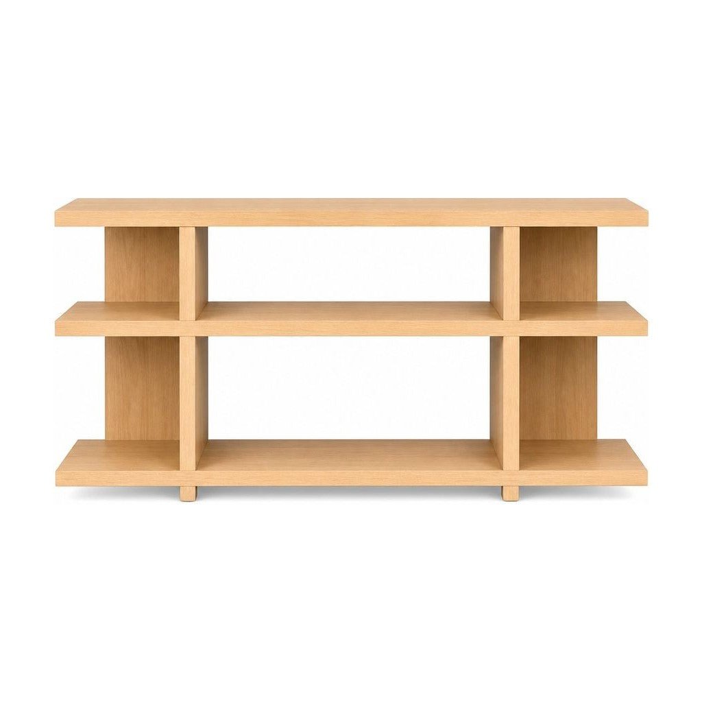 Natural wood low bookcase with open shelves and a simple mid-century silhouette.