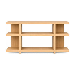 Natural wood low bookcase with open shelves and a simple mid-century silhouette.
