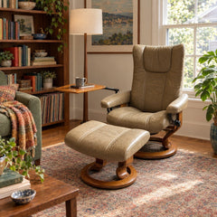 Taupe recliner with attached side table and mid-century silhouette. - detail view 1