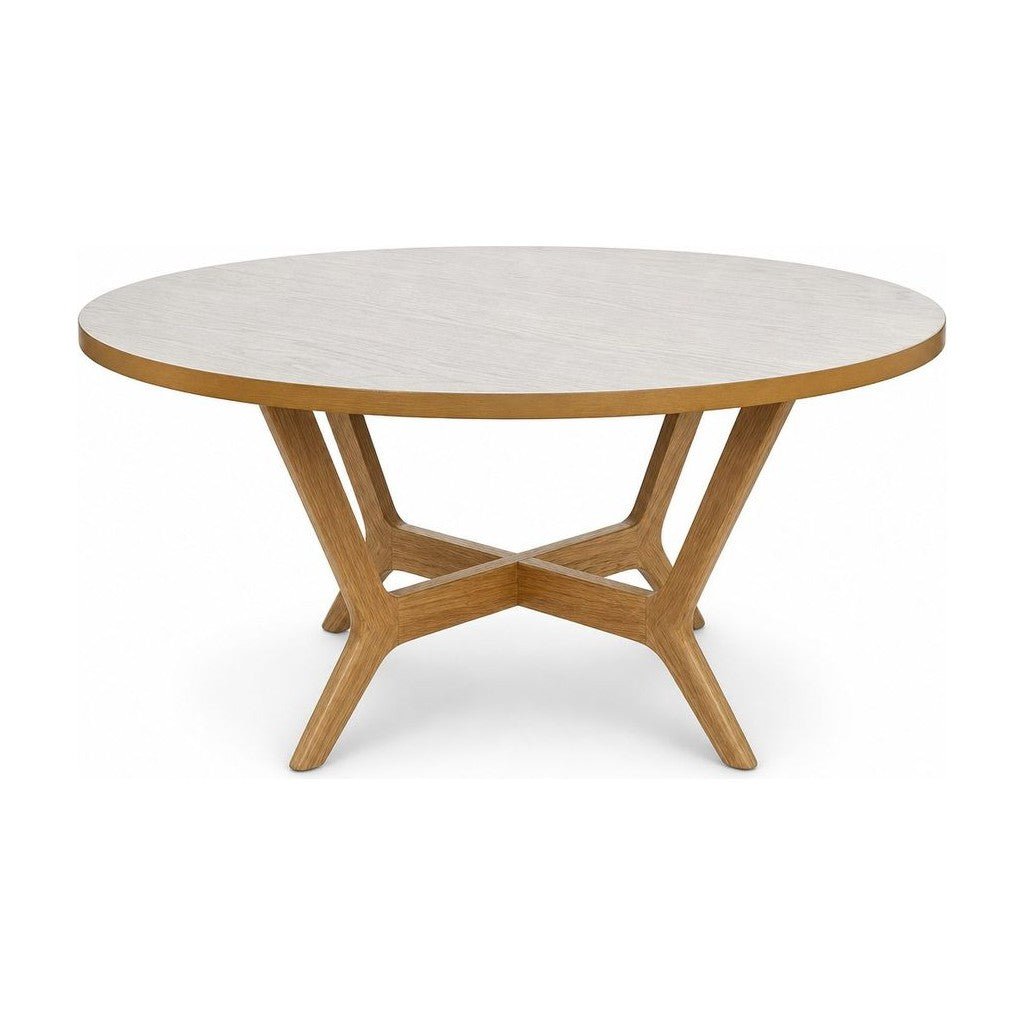 Light oak round dining table with a continuous rim and pedestal base.