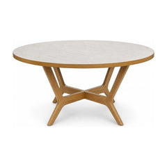Light oak round dining table with a continuous rim and pedestal base.