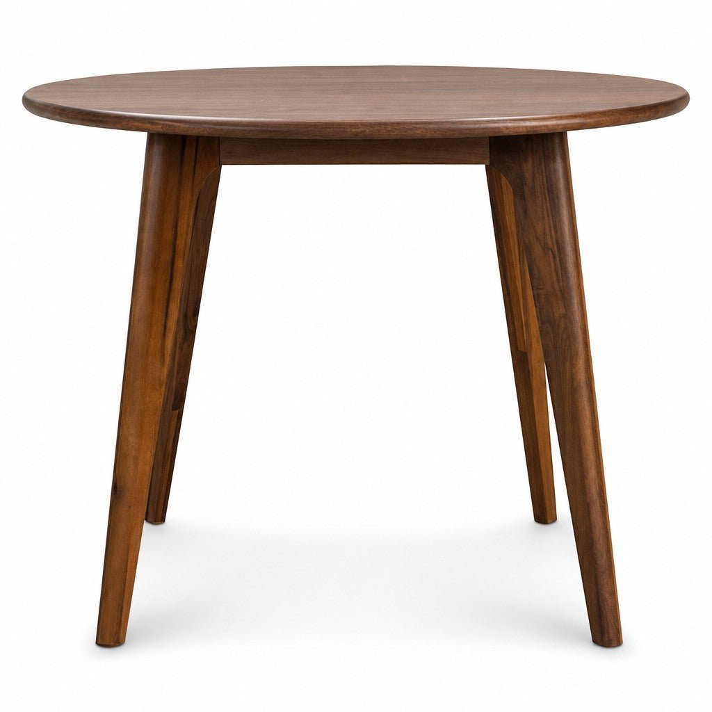 Walnut mid-century square dining table with clean lines and visible wood grain