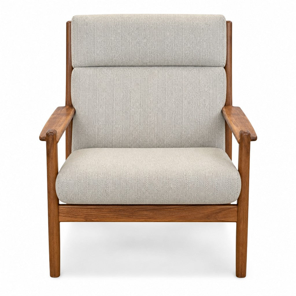 Light green mid-century armchair with solid wood frame and Japanese joinery