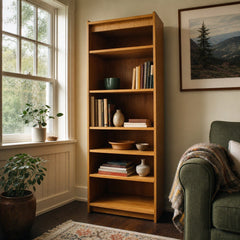 Honey oak mid-century bookcase with tall vertical shelving and clean lines - view 2