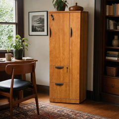 Light Honey Oak tall mid-century storage locker cabinet with vertical wood grain. - detail view 1