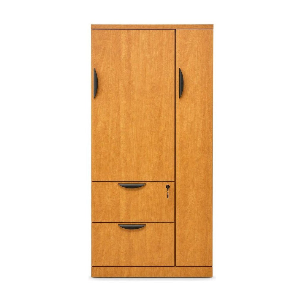 Light Honey Oak tall mid-century storage locker cabinet with vertical wood grain.