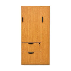 Light Honey Oak tall mid-century storage locker cabinet with vertical wood grain.